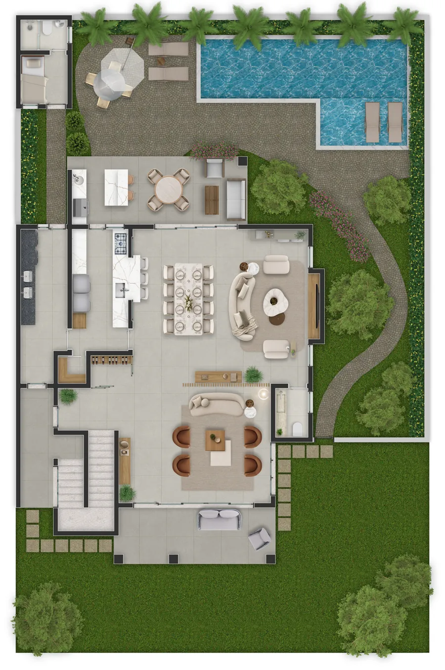 Planta humanizada do térreo da Casa Prime: family room, cozinha gourmet com despensa e varanda integradas ao jardim — estudo preliminar