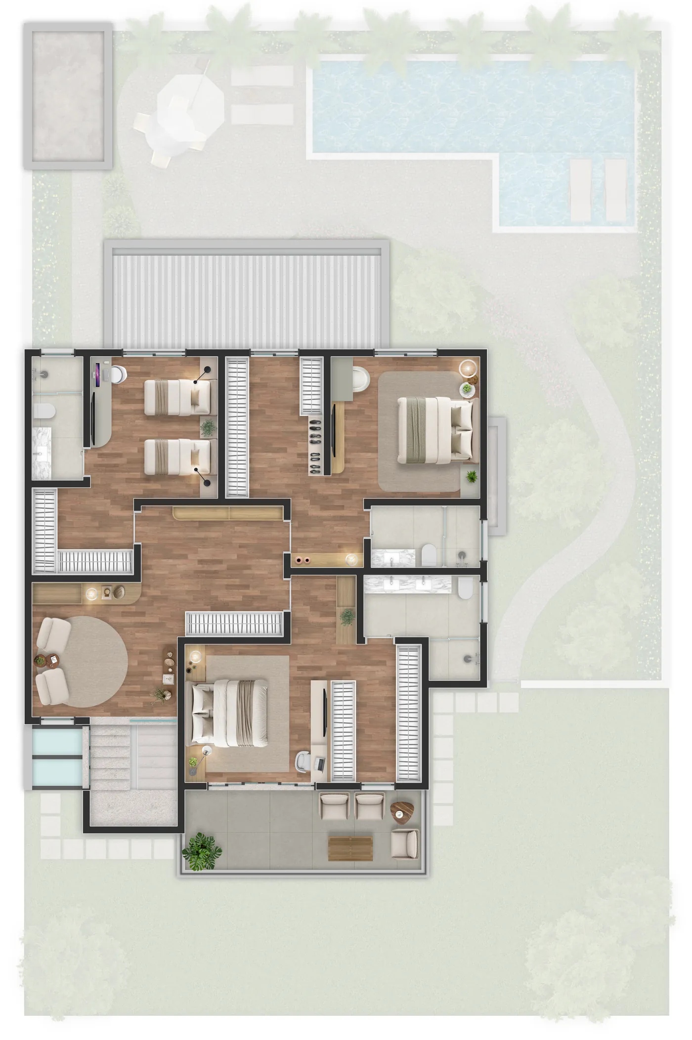 Planta humanizada do pavimento superior da Casa Prime — estudo preliminar, sem elevador (previsto)