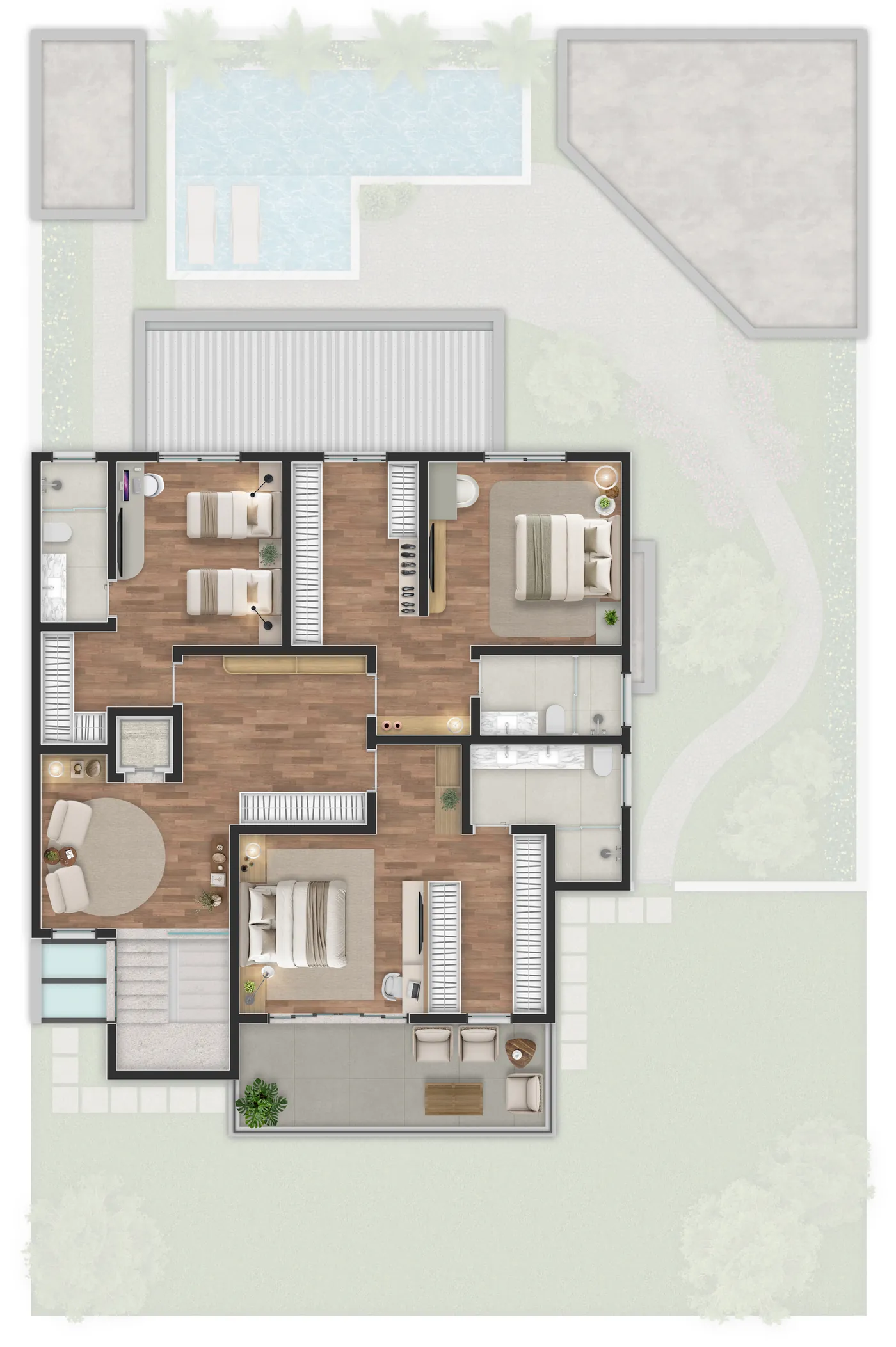 Planta humanizada do pavimento superior da Casa Prime, versão Prime Plus com edícula — estudo preliminar, alternativa com previsão para elevador (poço e infraestrutura; equipamento não incluído)