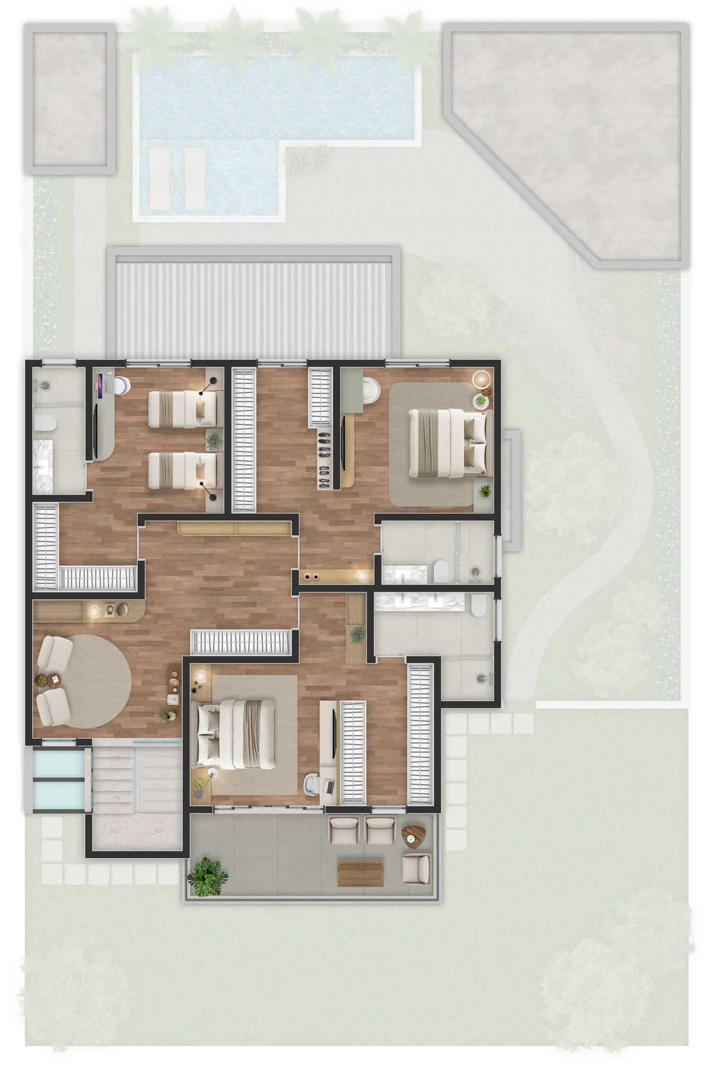 Planta humanizada do pavimento superior da Casa Prime, versão Prime Plus com edícula — estudo preliminar, sem elevador (previsto)