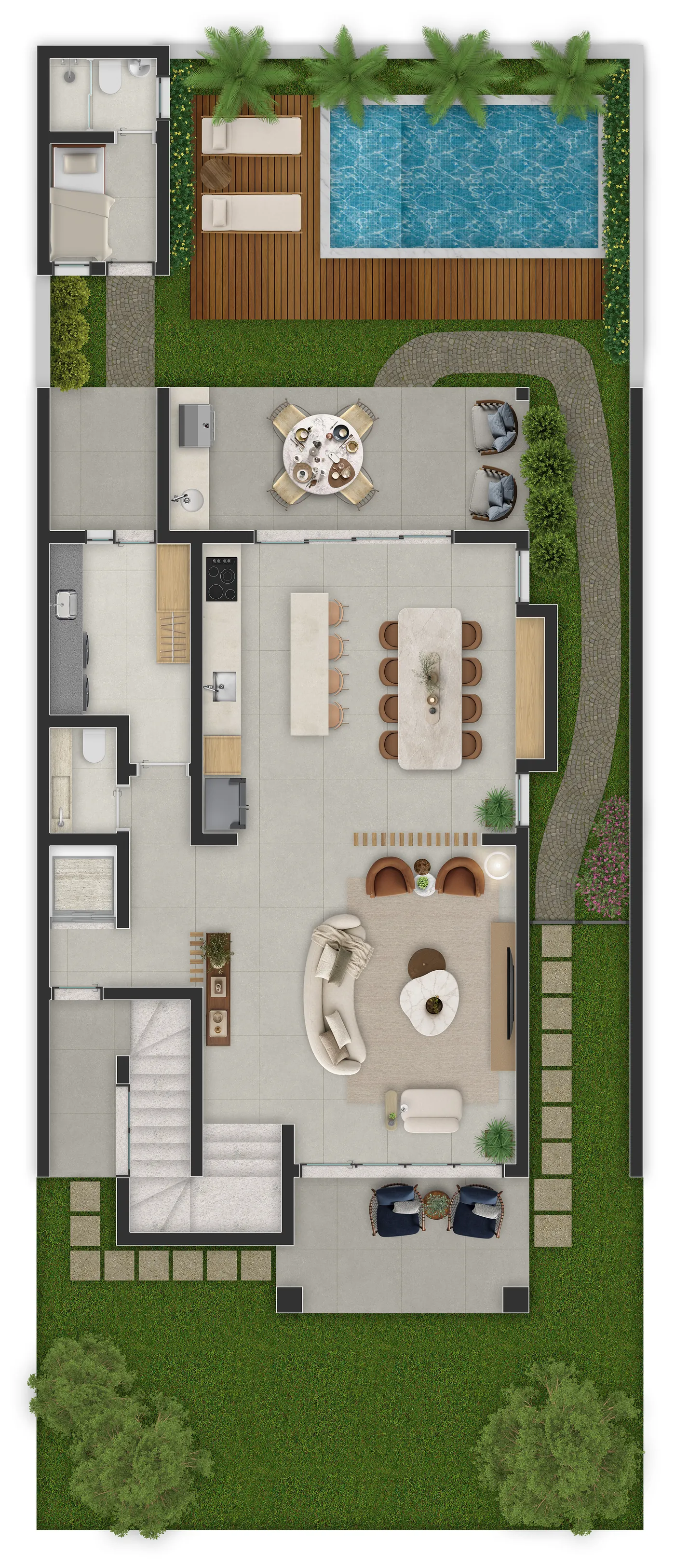 Planta humanizada do pavimento térreo da Casa Tipo — estudo preliminar, alternativa com previsão para elevador (poço e infraestrutura; equipamento não incluído)
