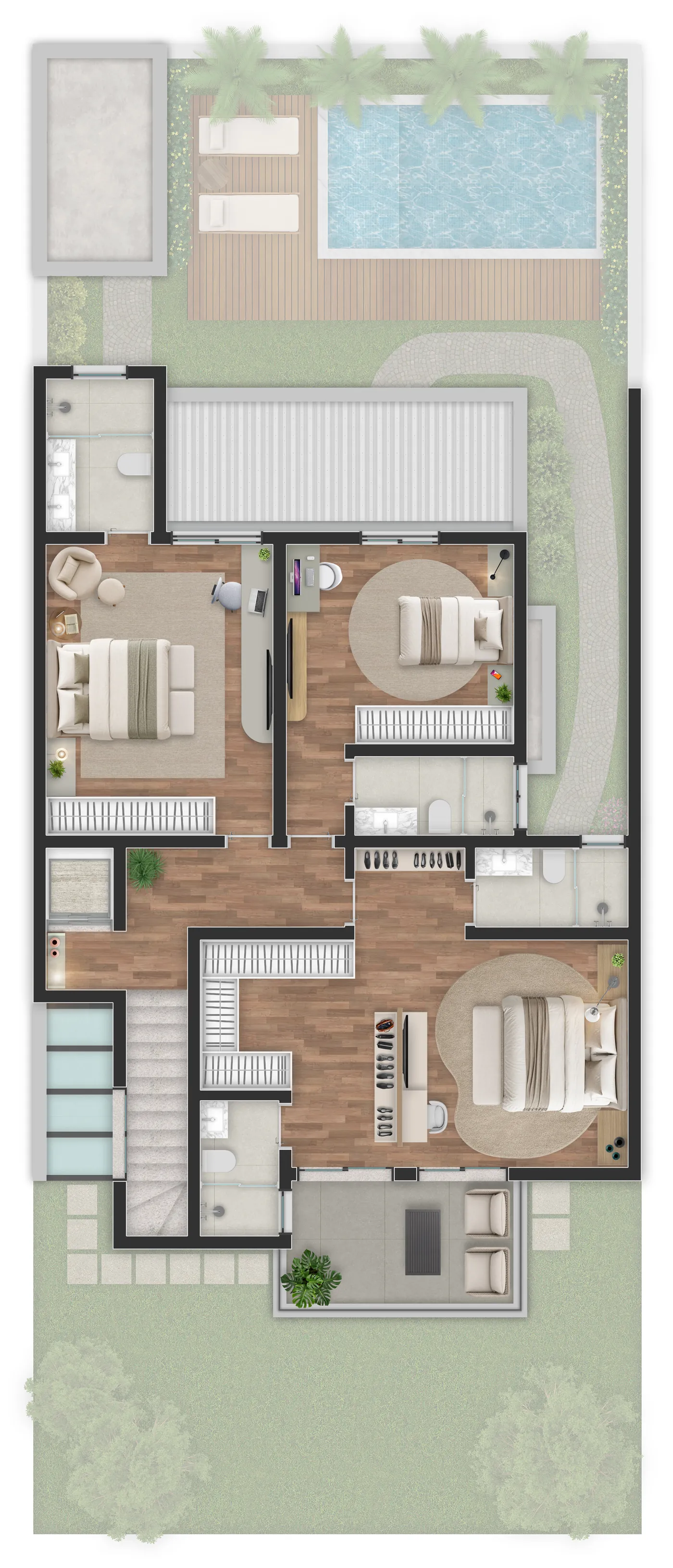 Planta humanizada do pavimento superior da Casa Tipo — estudo preliminar, alternativa com previsão para elevador (poço e infraestrutura; equipamento não incluído)