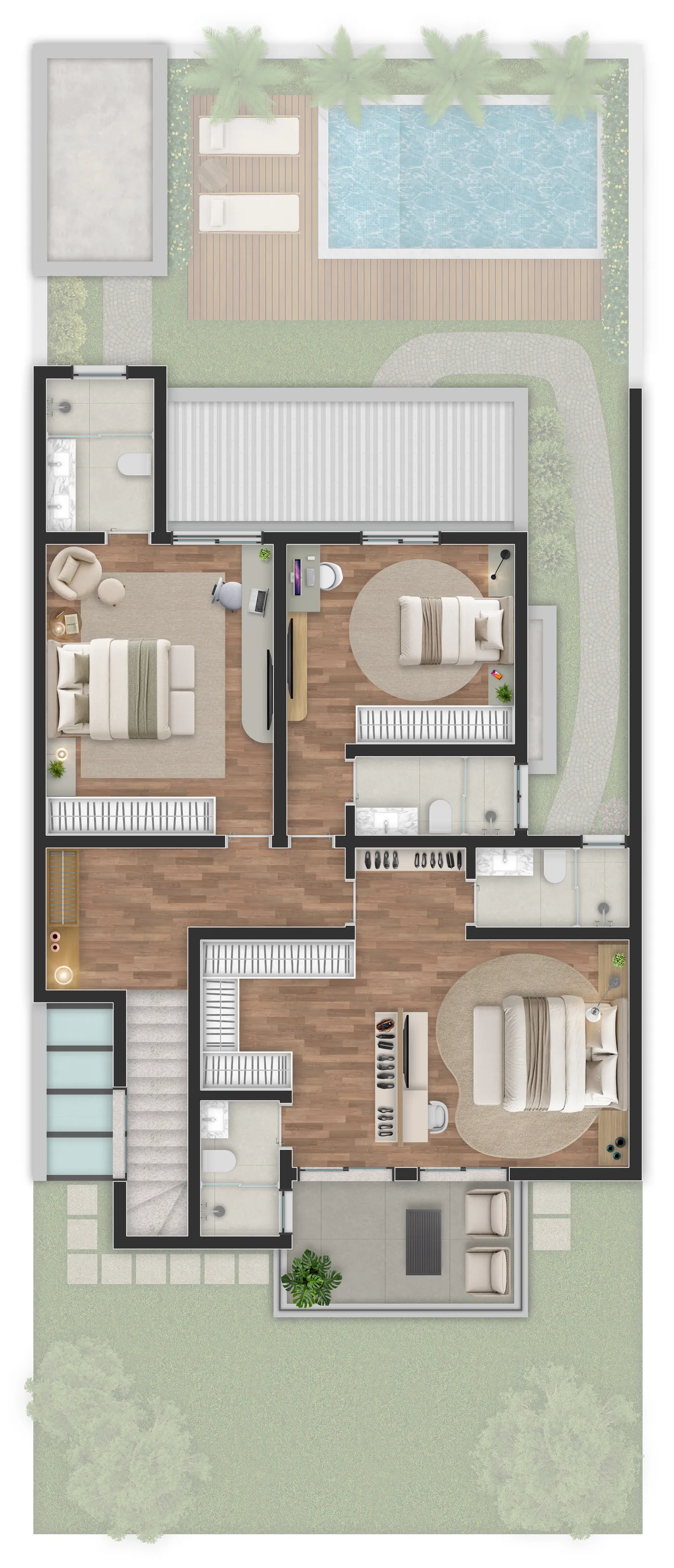 Planta humanizada do pavimento superior da Casa Tipo — estudo preliminar, sem elevador (previsto)