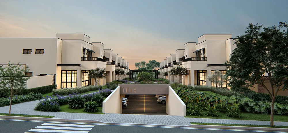 Perspectiva ilustrativa · Boulevard Lilly: a rampa da garagem em subsolo, sob o jardim, ao entardecer