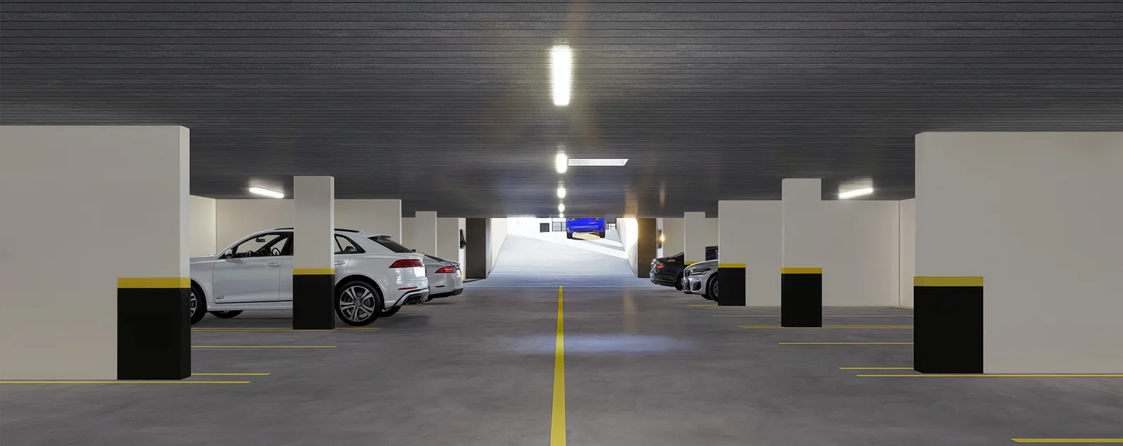 Perspectiva ilustrativa da garagem em subsolo de um boulevard: vagas demarcadas, pilares e a rampa ao fundo