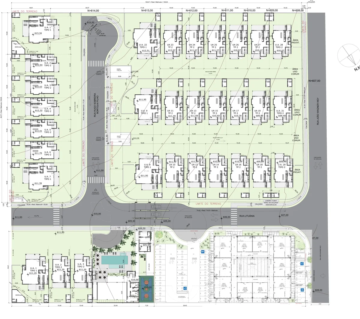 Implantação do pré-executivo do Jardins de Victoria: trinta e uma casas em quatro boulevards, edifício de lazer com piscina, portaria e street mall com dez lojas