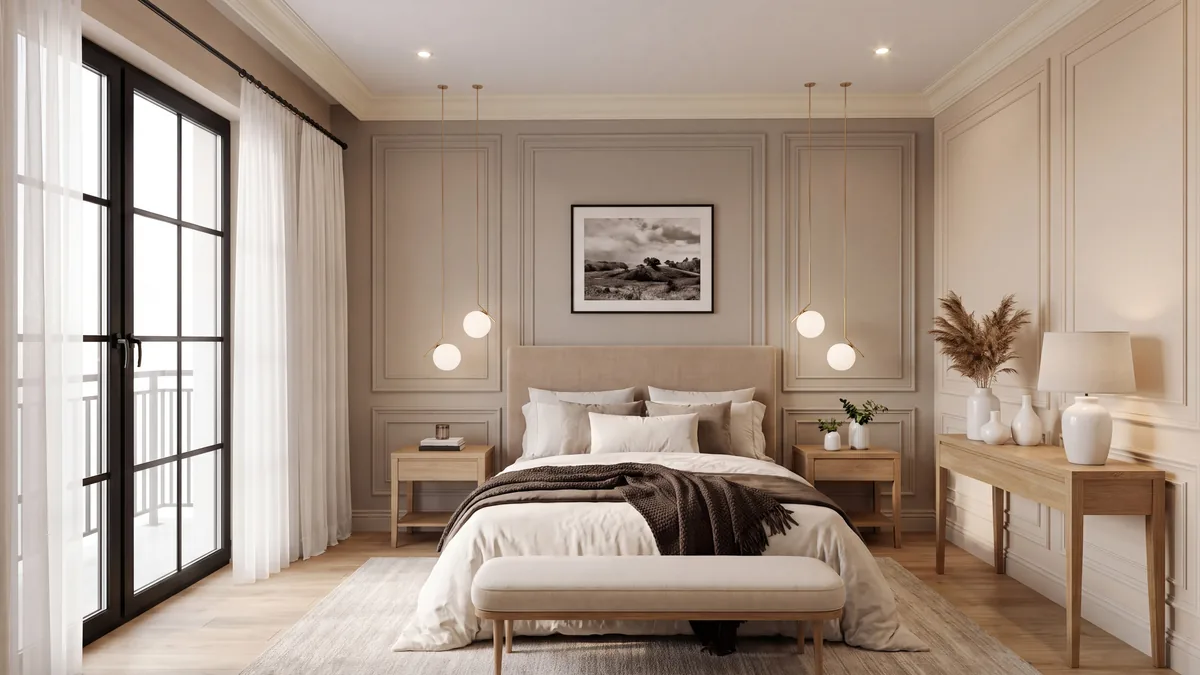 Perspectiva ilustrativa de uma suíte da Casa Prime, com cama de casal entre pendentes, paredes com boiserie e porta de vidro para a varanda