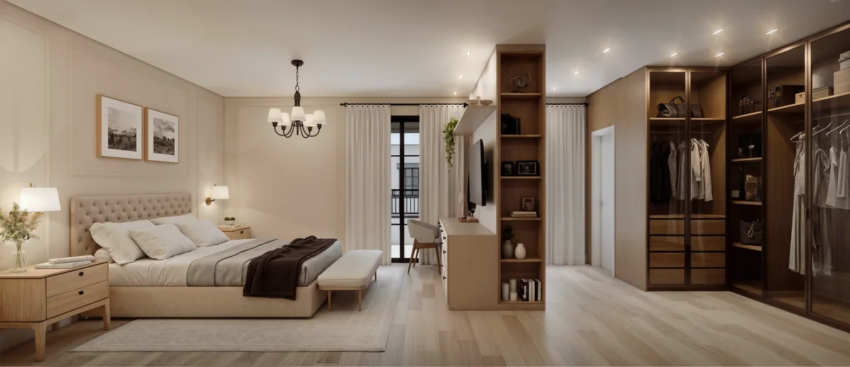 Perspectiva ilustrativa da suíte master da Casa Tipo: cama com cabeceira capitonê, lustre, porta de vidro para a varanda e closet com portas de vidro